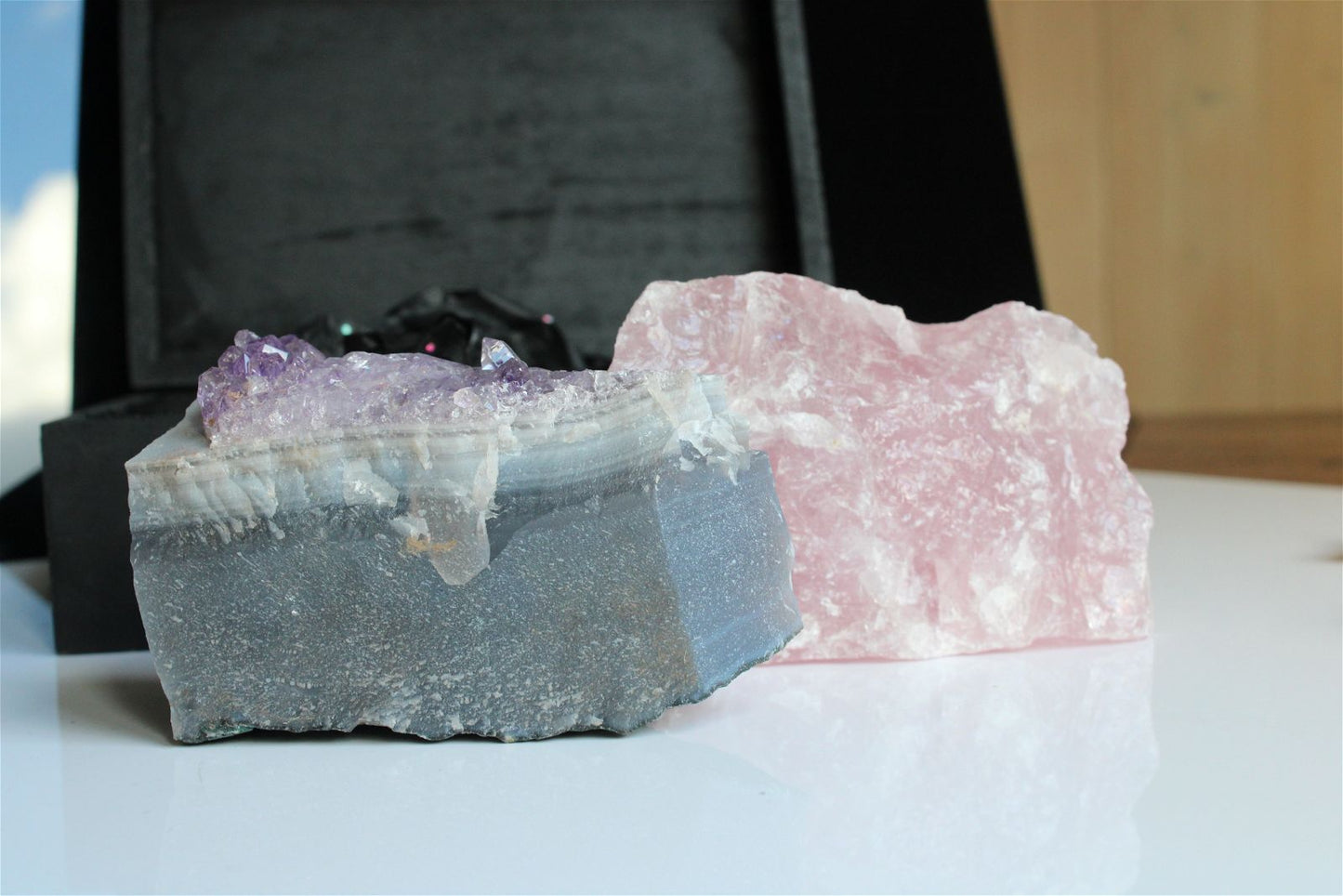 Box boîte à offrir quartz rose et améthyste brutes - Aurore Lune