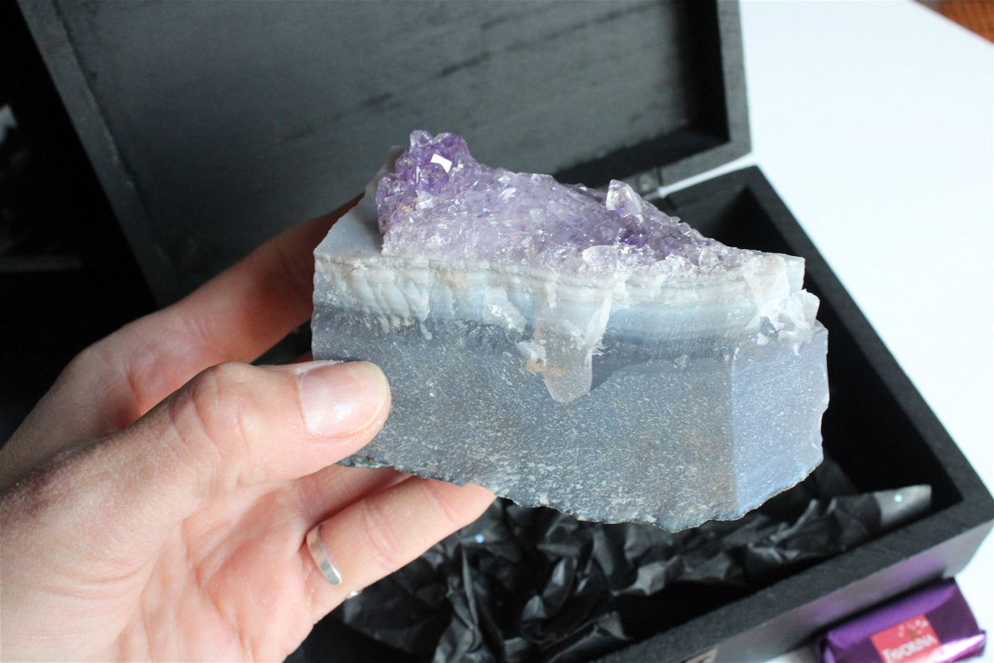 Box boîte à offrir quartz rose et améthyste brutes - Aurore Lune