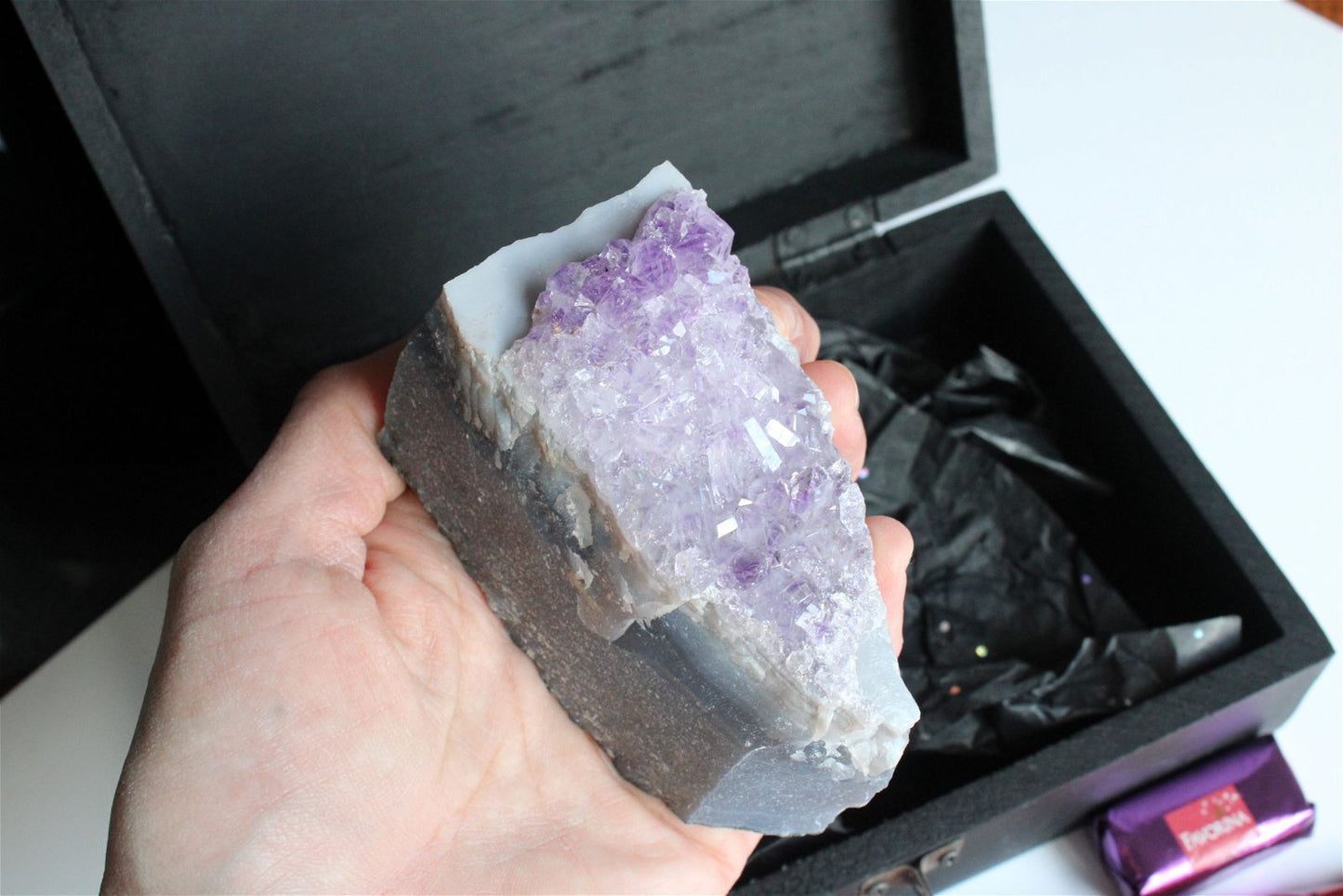 Box boîte à offrir quartz rose et améthyste brutes - Aurore Lune