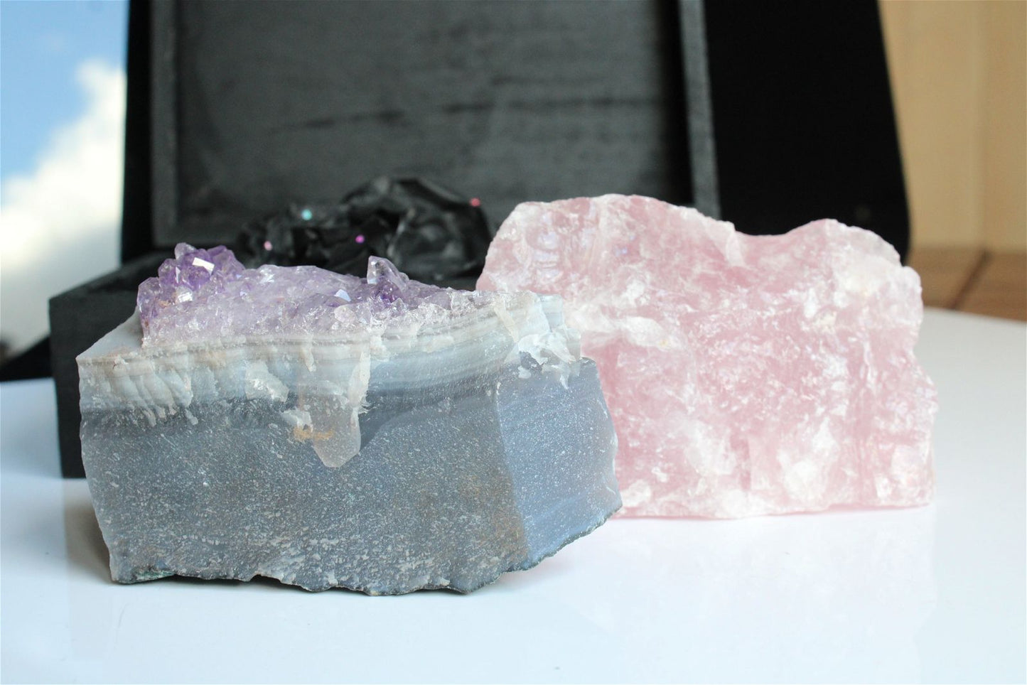Box boîte à offrir quartz rose et améthyste brutes - Aurore Lune