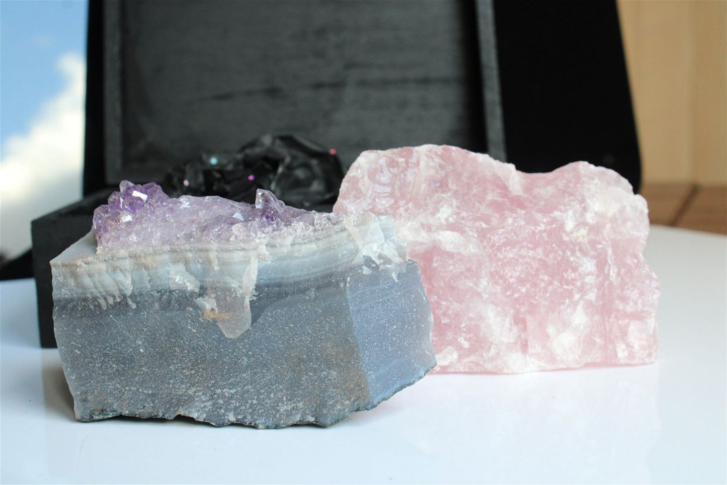 Box boîte à offrir quartz rose et améthyste brutes - Aurore Lune