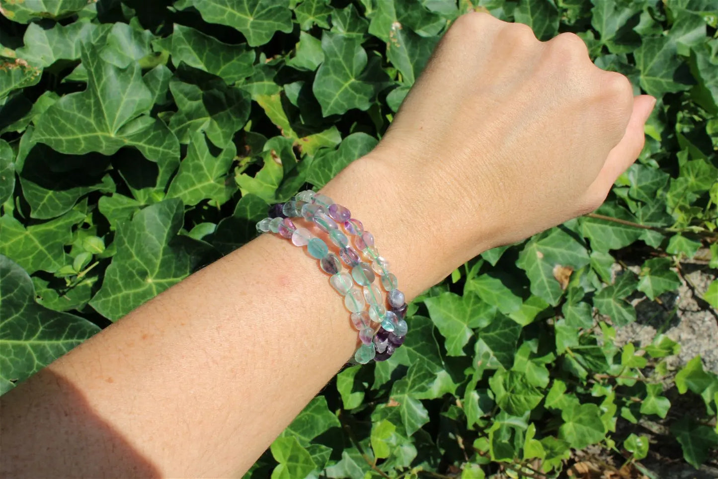 Bracelet élastiqué en fluorite poignet fin ou moyen - Aurore Lune