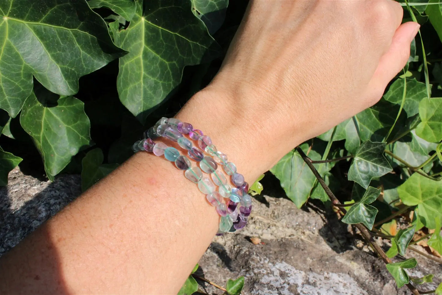 Bracelet élastiqué en fluorite poignet fin ou moyen - Aurore Lune
