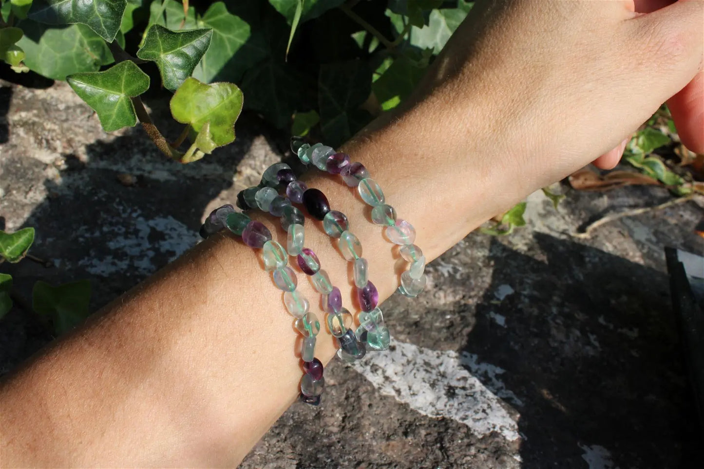 Bracelet élastiqué en fluorite poignet fin ou moyen - Aurore Lune