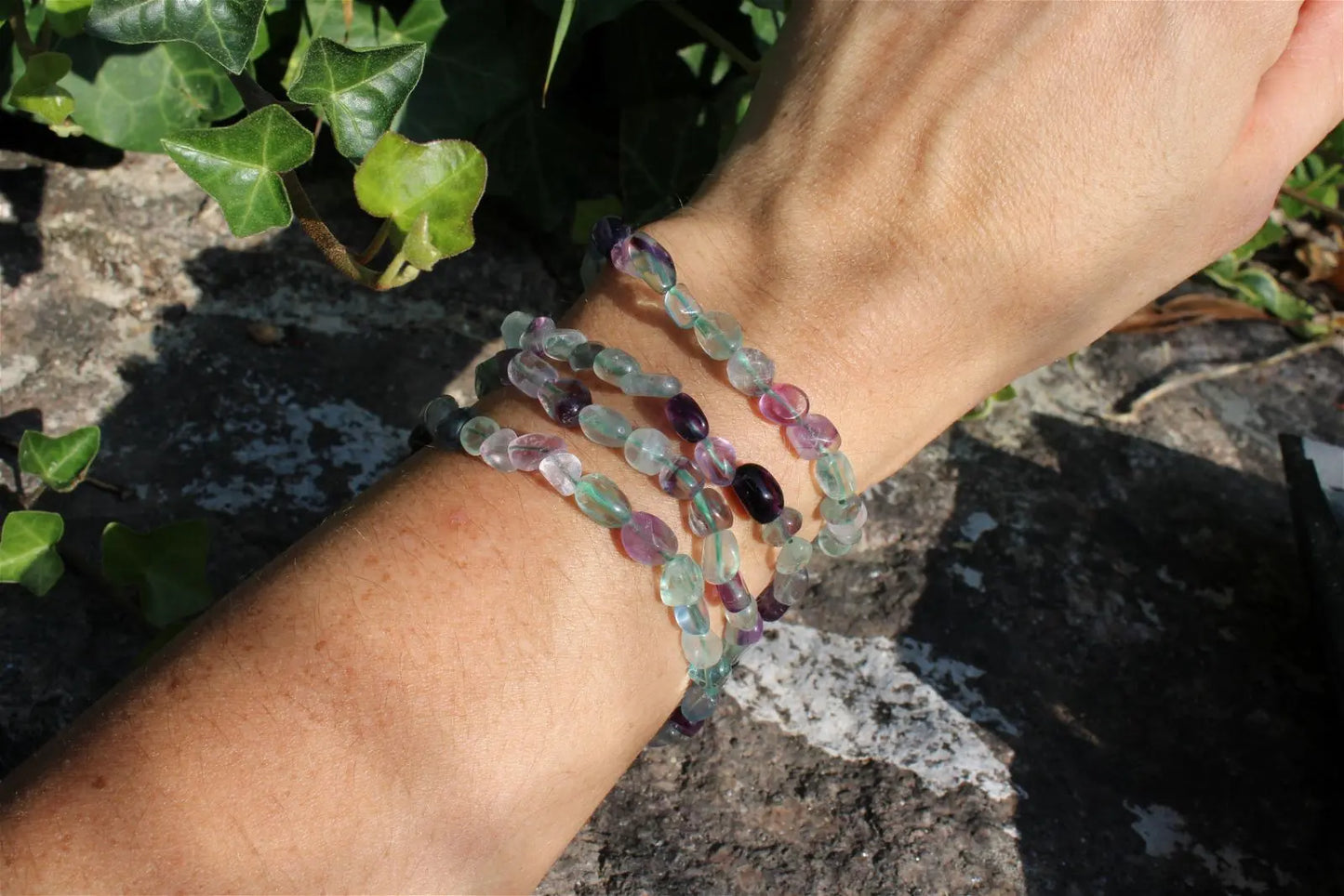 Bracelet élastiqué en fluorite poignet fin ou moyen - Aurore Lune