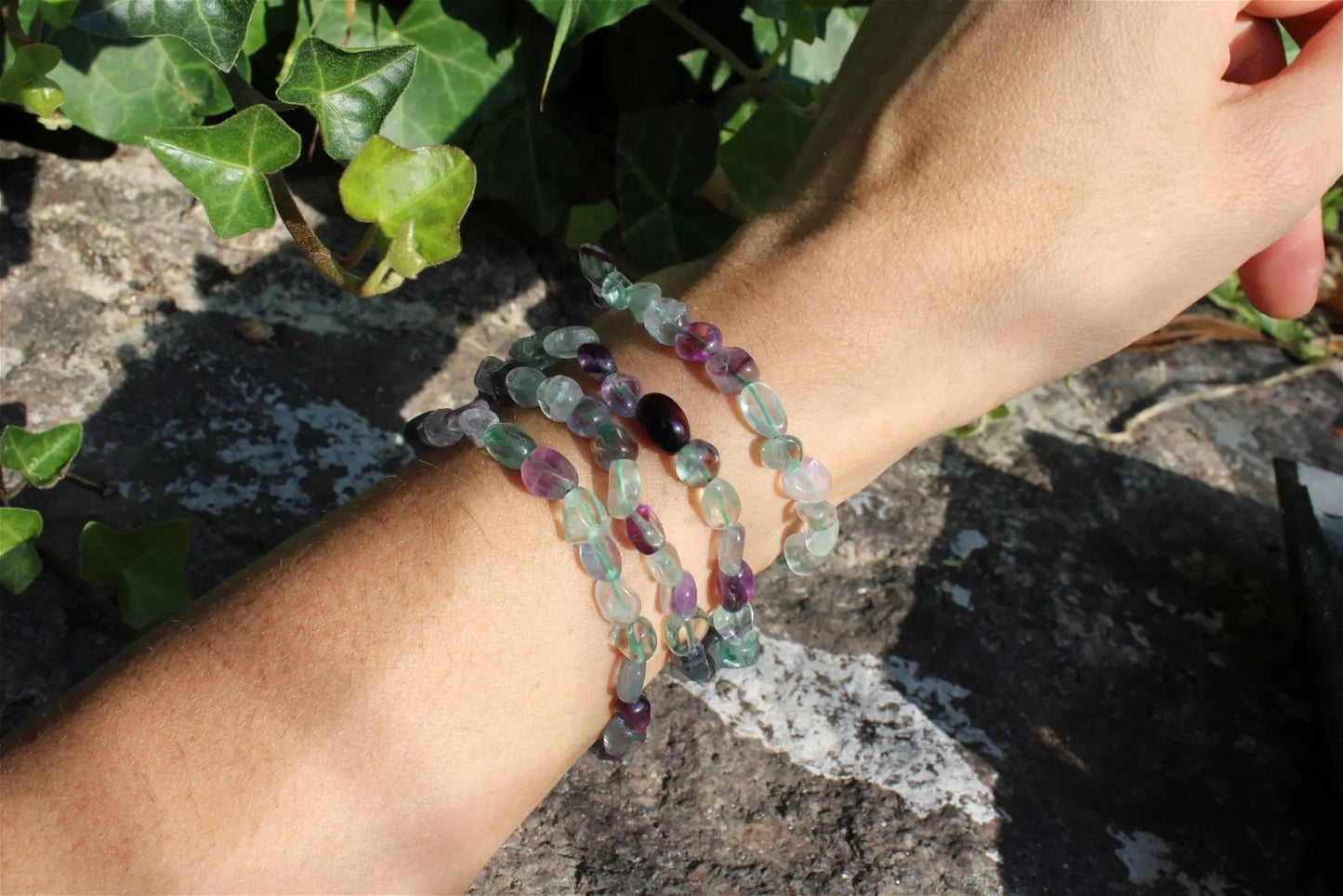 Bracelet élastiqué en fluorite poignet fin ou moyen - Aurore Lune