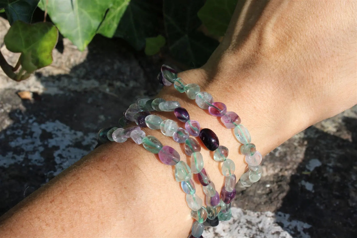 Bracelet élastiqué en fluorite poignet fin ou moyen - Aurore Lune