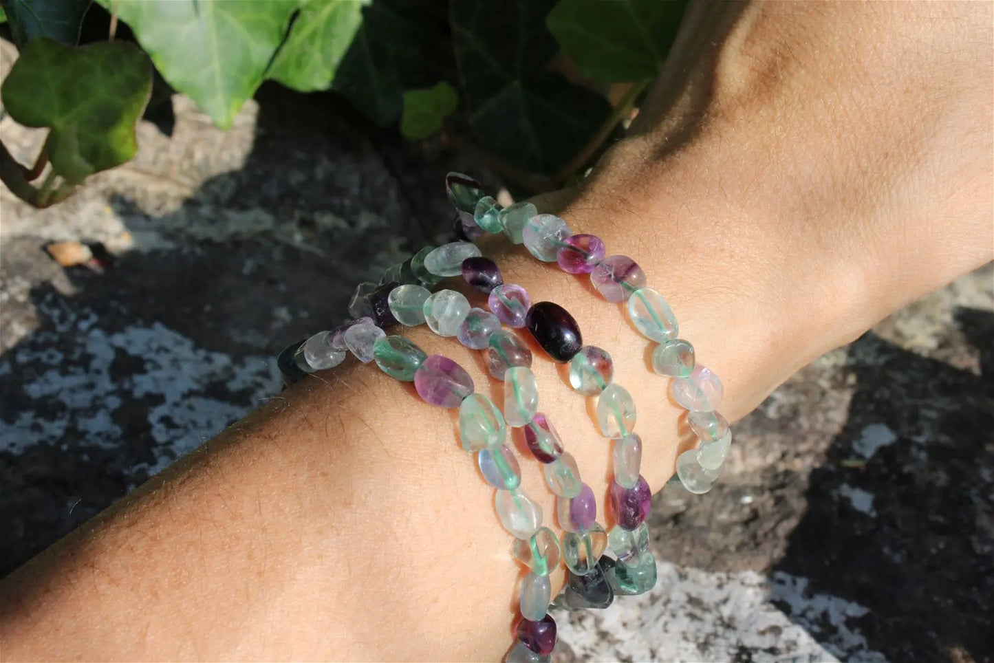Bracelet élastiqué en fluorite poignet fin ou moyen - Aurore Lune