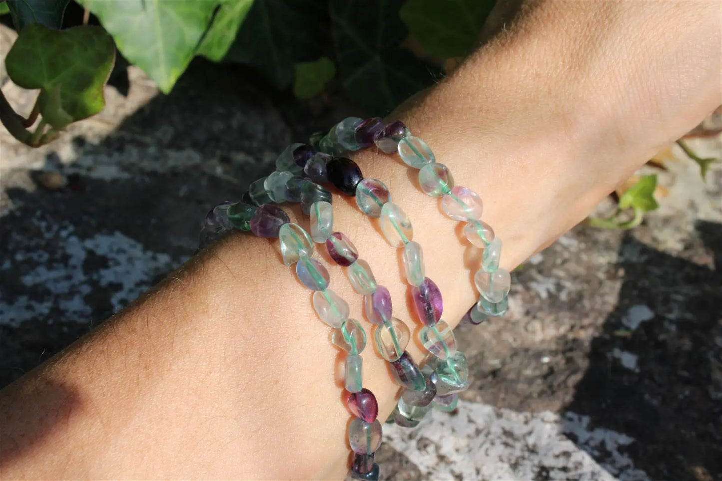 Bracelet élastiqué en fluorite poignet fin ou moyen - Aurore Lune