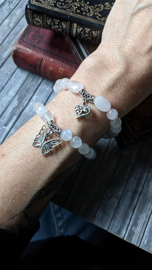 Bracelet élastique quartz rose labradorite blanche poignet epais 19 cm - Aurore Lune