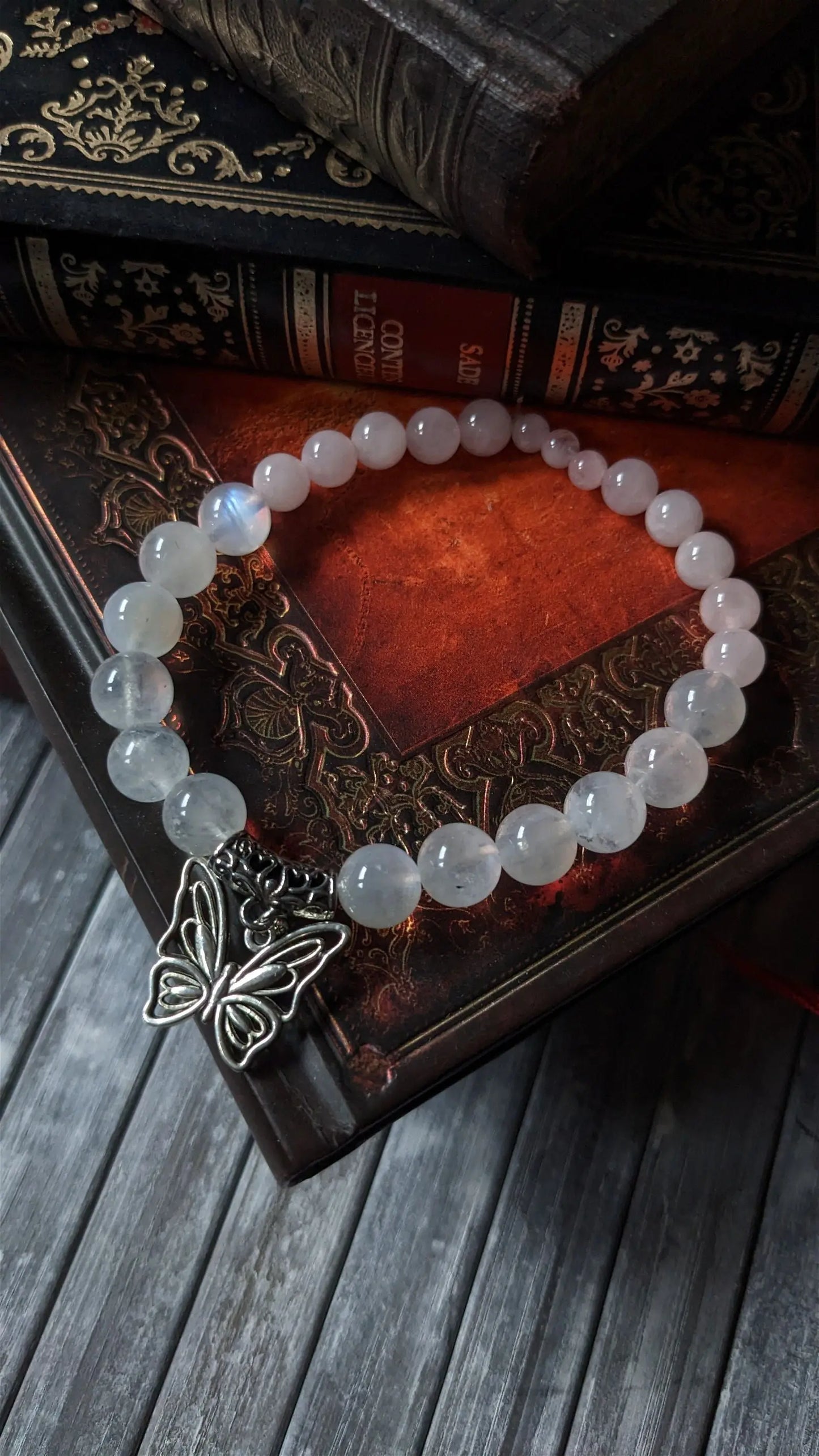 Bracelet élastique quartz rose labradorite blanche poignet epais 19 cm - Aurore Lune