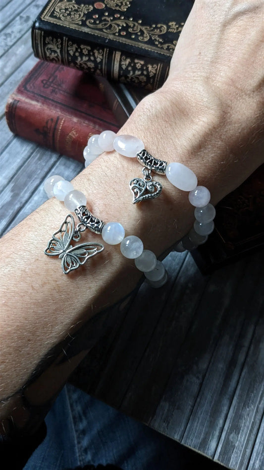 Bracelet élastique quartz rose labradorite blanche poignet epais 19 cm - Aurore Lune