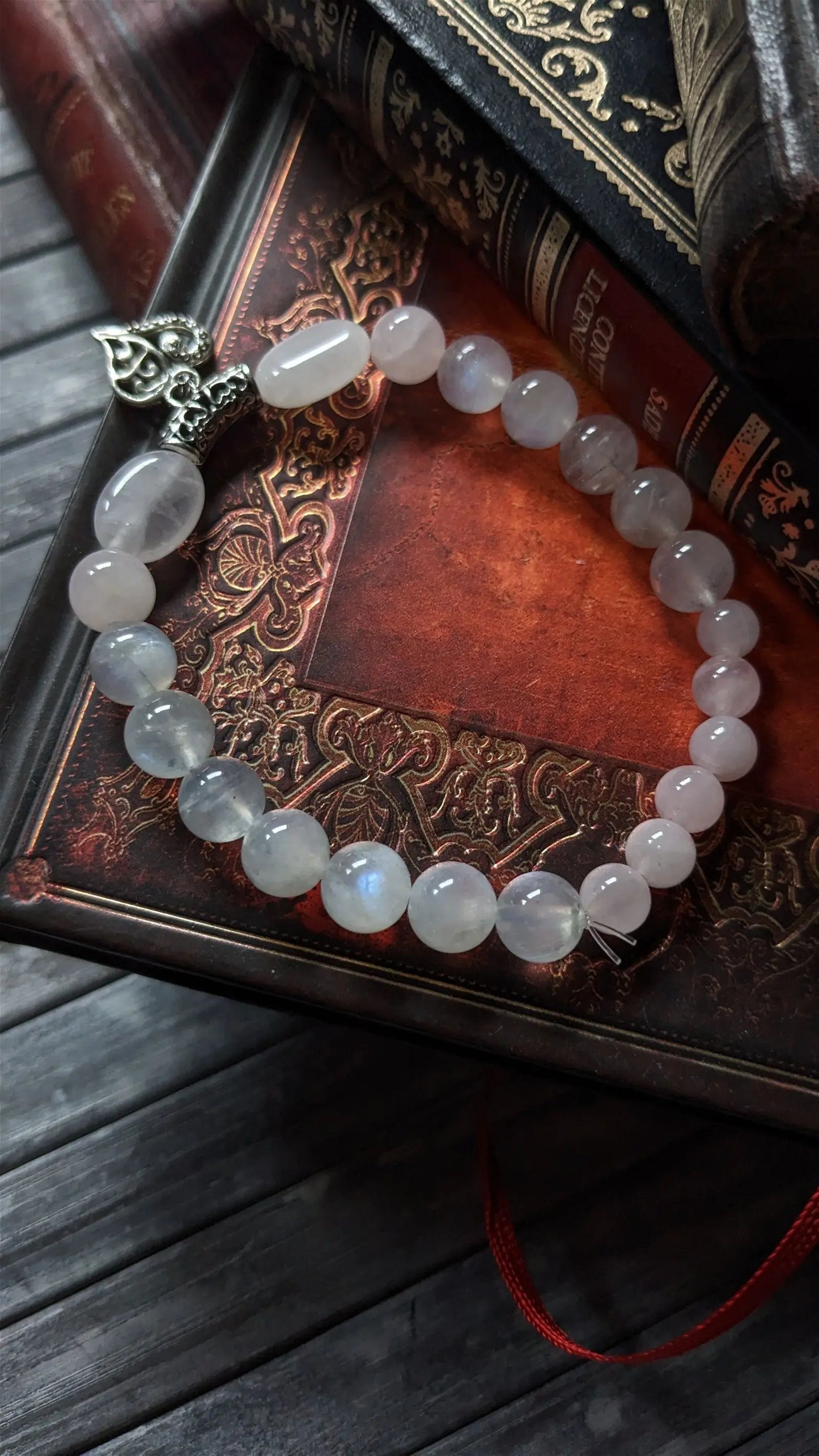 Bracelet élastique quartz rose labradorite blanche poignet epais 19 cm - Aurore Lune