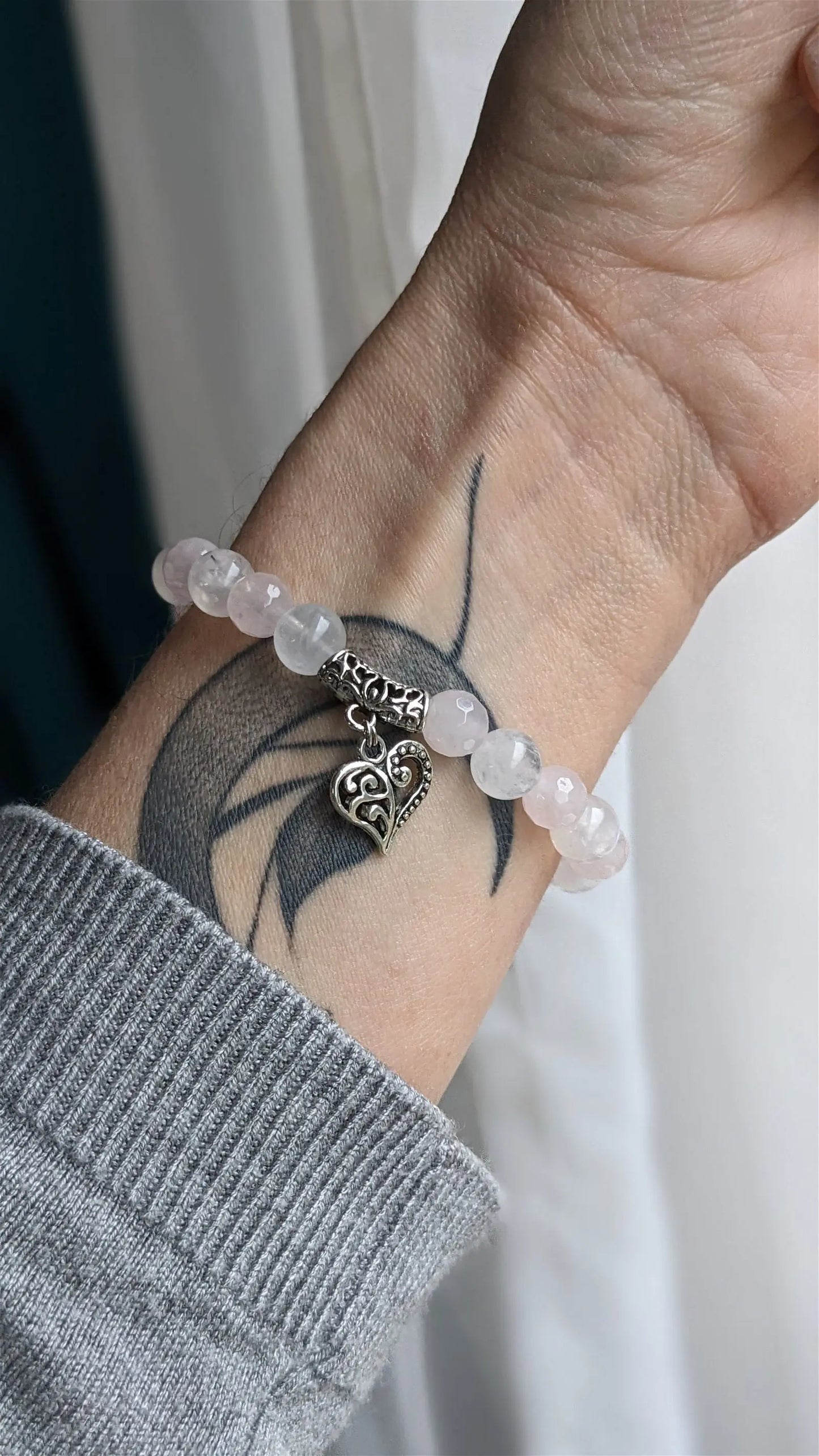 Bracelet élastique quartz rose labradorite blanche poignet fin - Aurore Lune