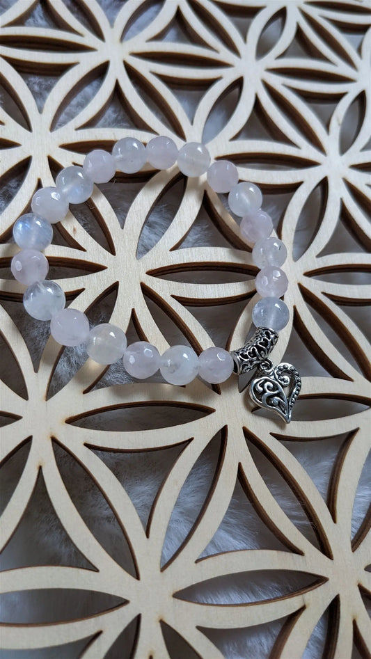 Bracelet élastique quartz rose labradorite blanche poignet fin - Aurore Lune