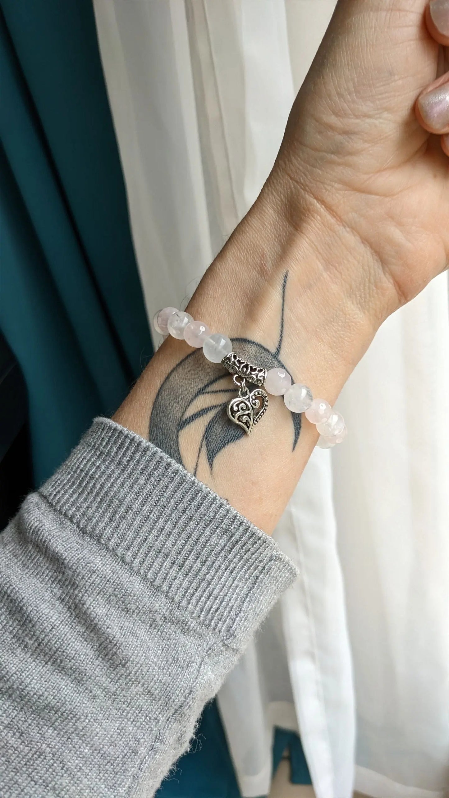 Bracelet élastique quartz rose labradorite blanche poignet fin - Aurore Lune