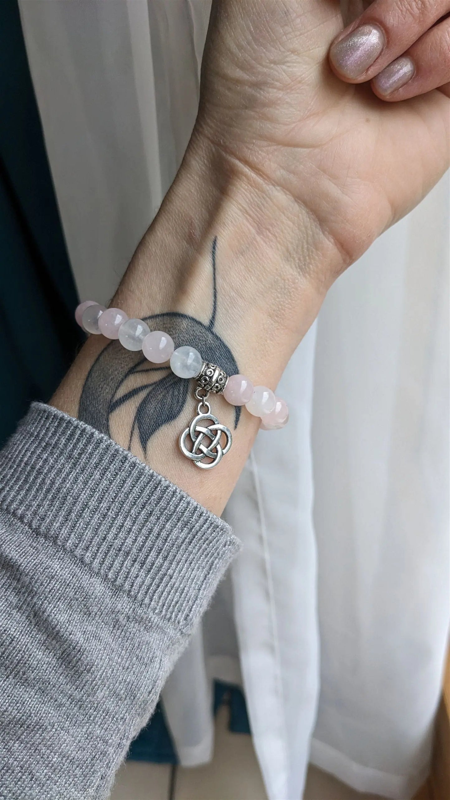 Bracelet élastique quartz rose labradorite blanche poignet fin - Aurore Lune