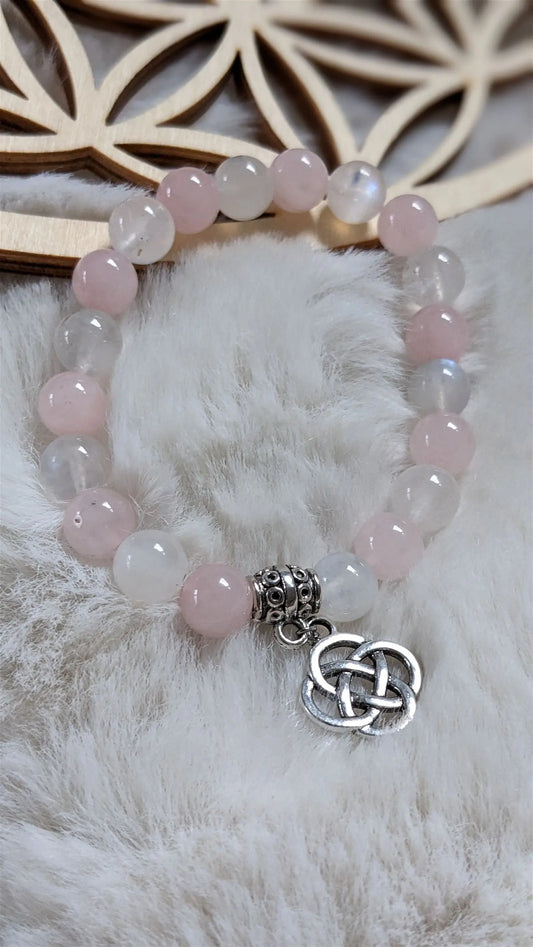 Bracelet élastique quartz rose labradorite blanche poignet fin - Aurore Lune