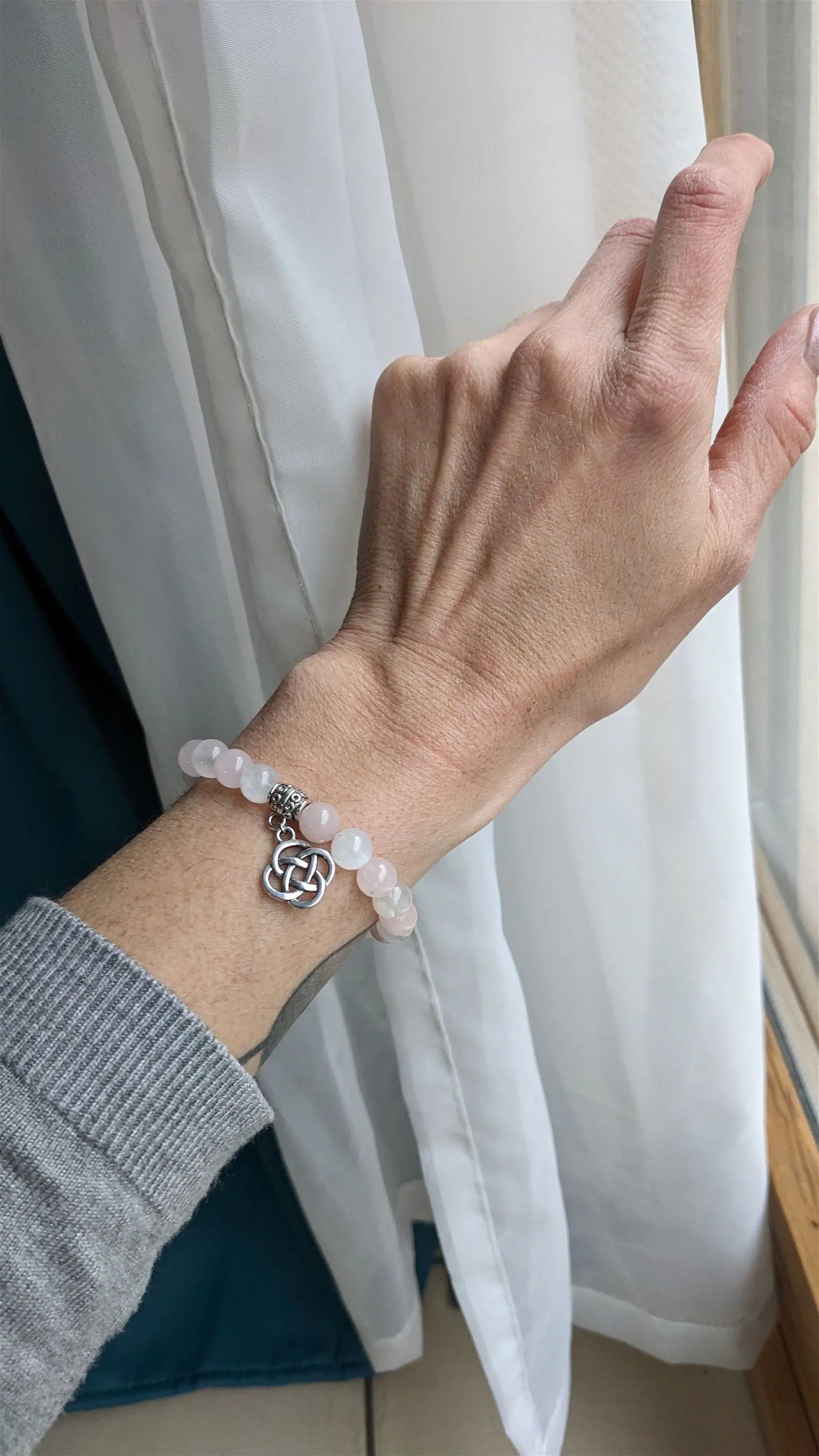 Bracelet élastique quartz rose labradorite blanche poignet fin - Aurore Lune