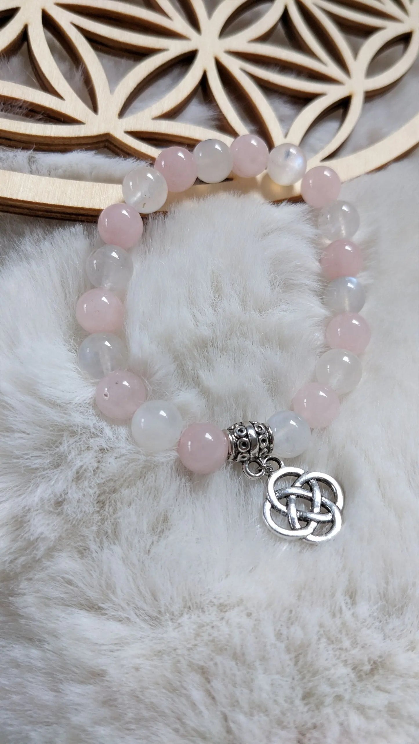 Bracelet élastique quartz rose labradorite blanche poignet fin - Aurore Lune