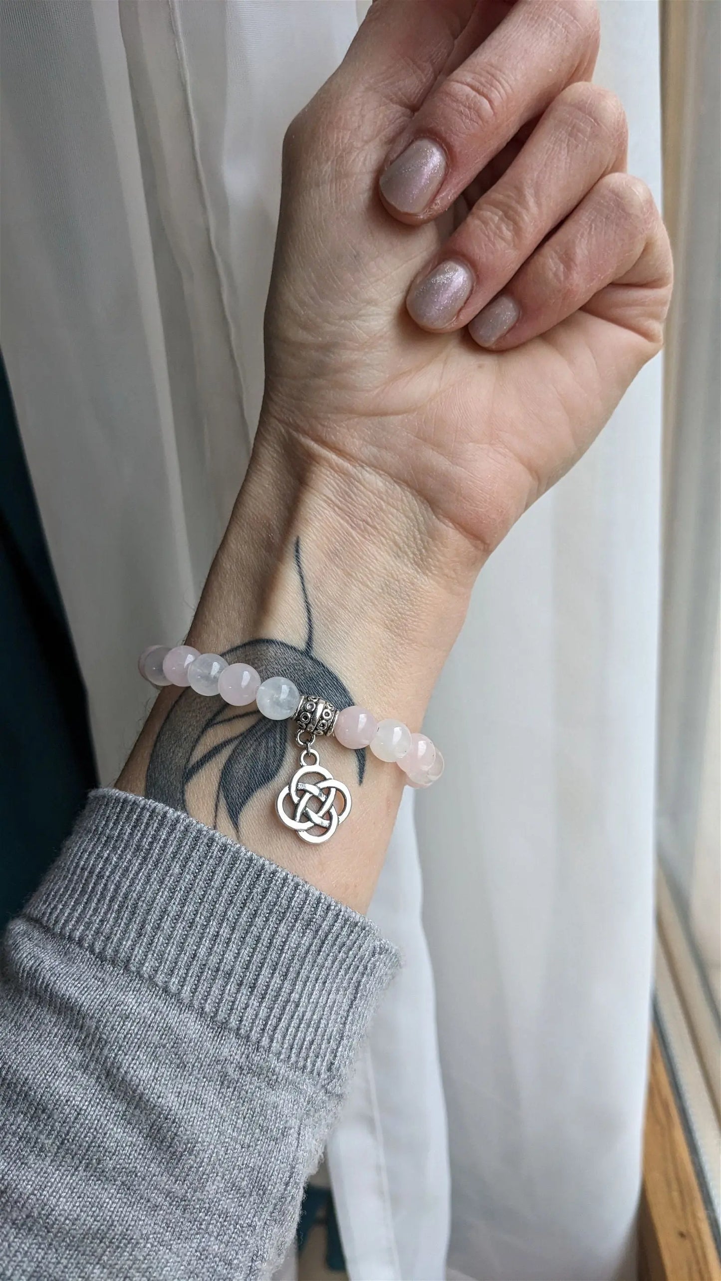 Bracelet élastique quartz rose labradorite blanche poignet fin - Aurore Lune