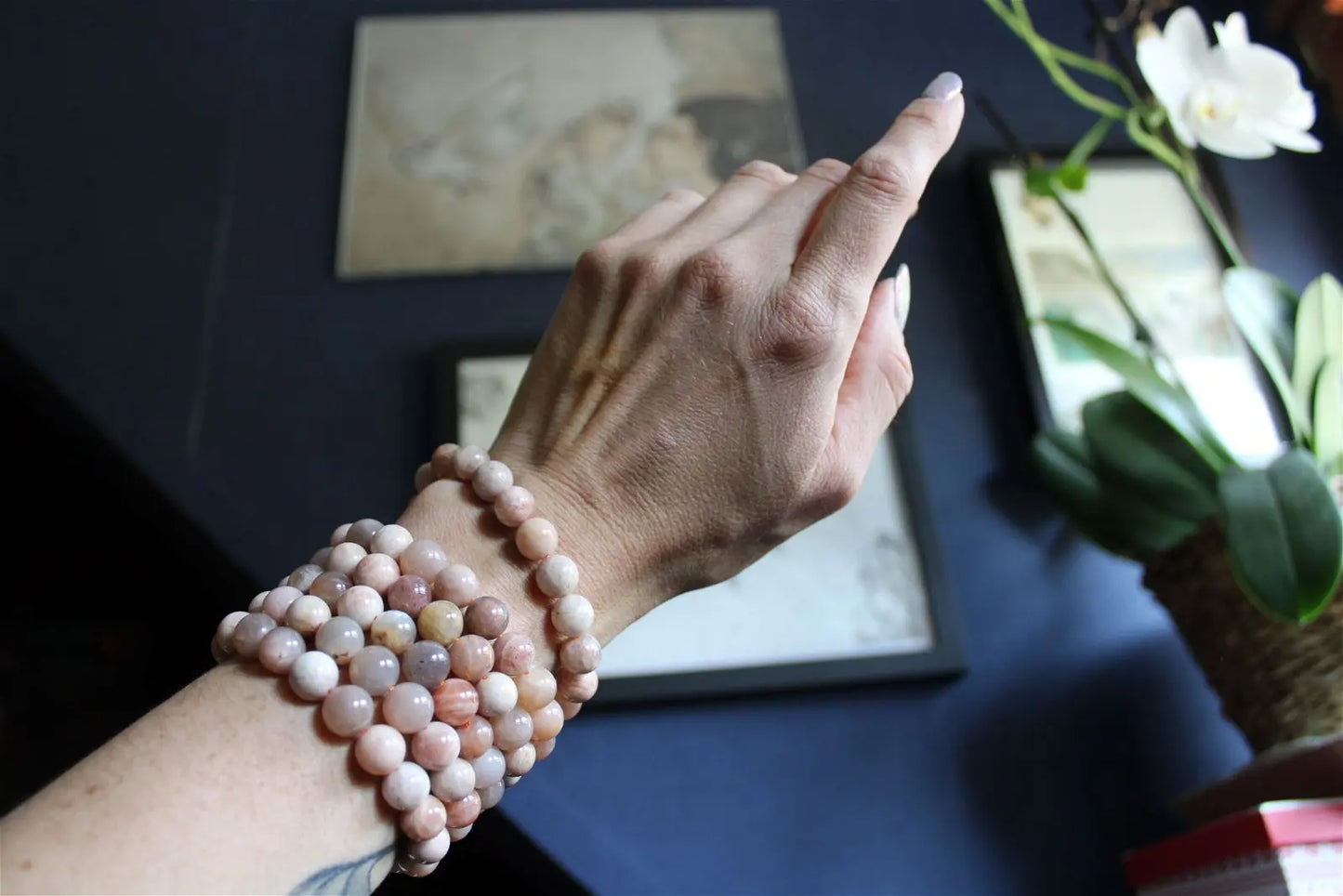 Bracelet en pierres de lune et soleil poignet fin ou moyen - Aurore Lune