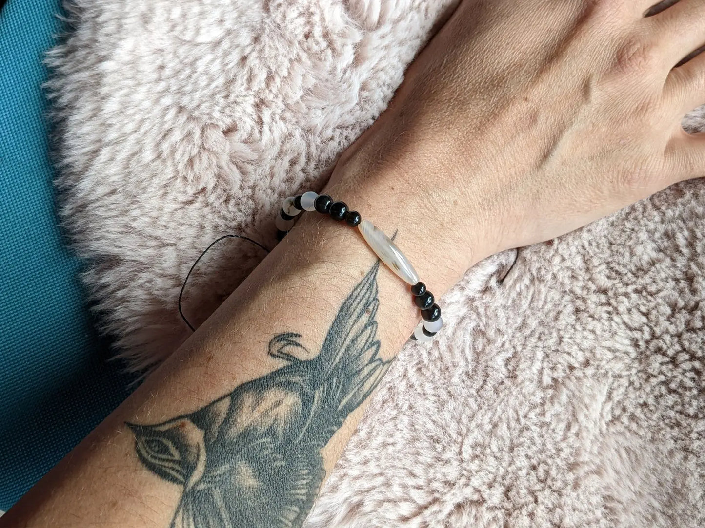 Bracelet grand poignet agate obsidiennes - Aurore Lune