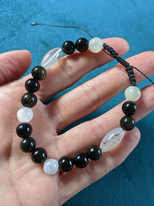 Bracelet grand poignet agate obsidiennes labradorite blanche - Aurore Lune