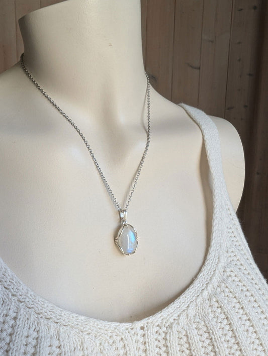 Collier avec labradorite blanche pierre de lune arc-en-ciel - Aurore Lune