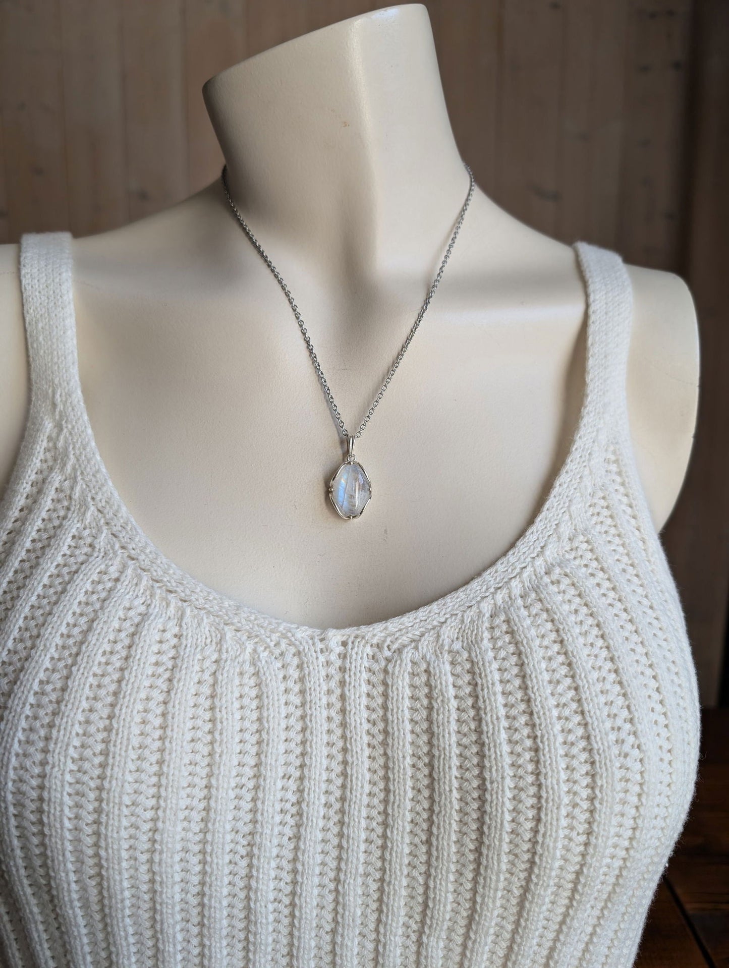 Collier avec labradorite blanche pierre de lune arc-en-ciel - Aurore Lune