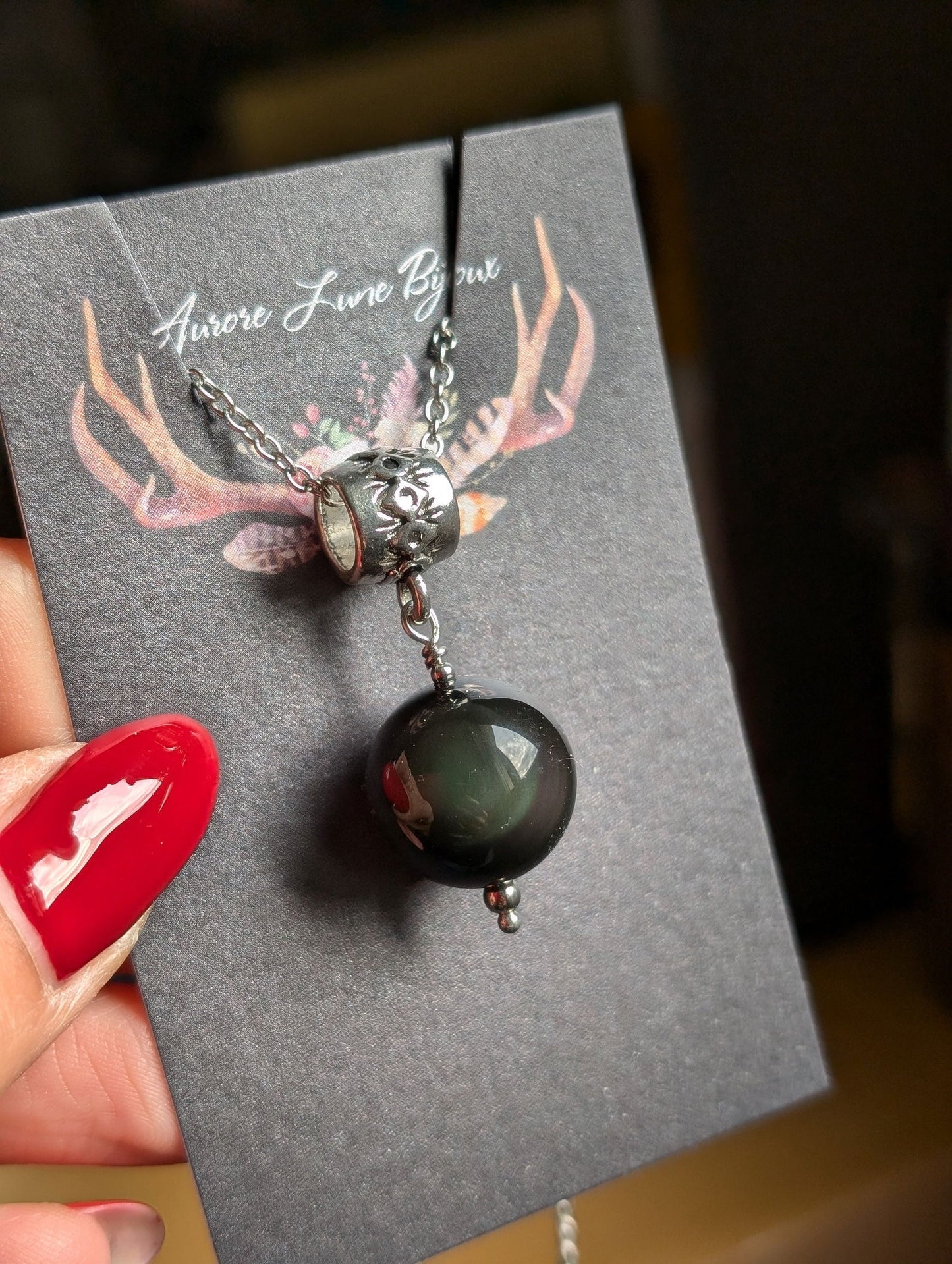 Collier avec obsidienne arc en ciel ou oeil céleste - Aurore Lune