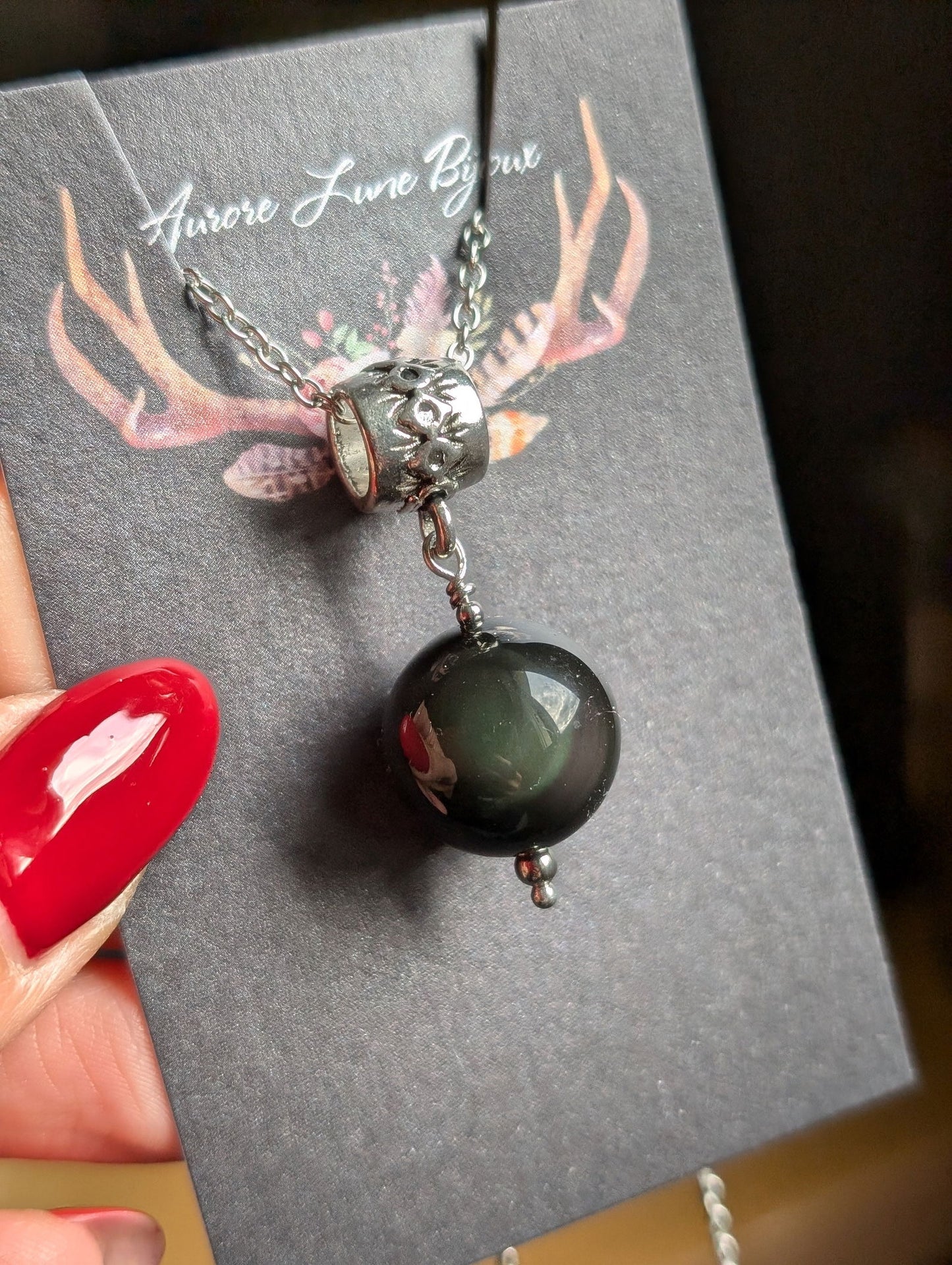 Collier avec obsidienne arc en ciel ou oeil céleste - Aurore Lune