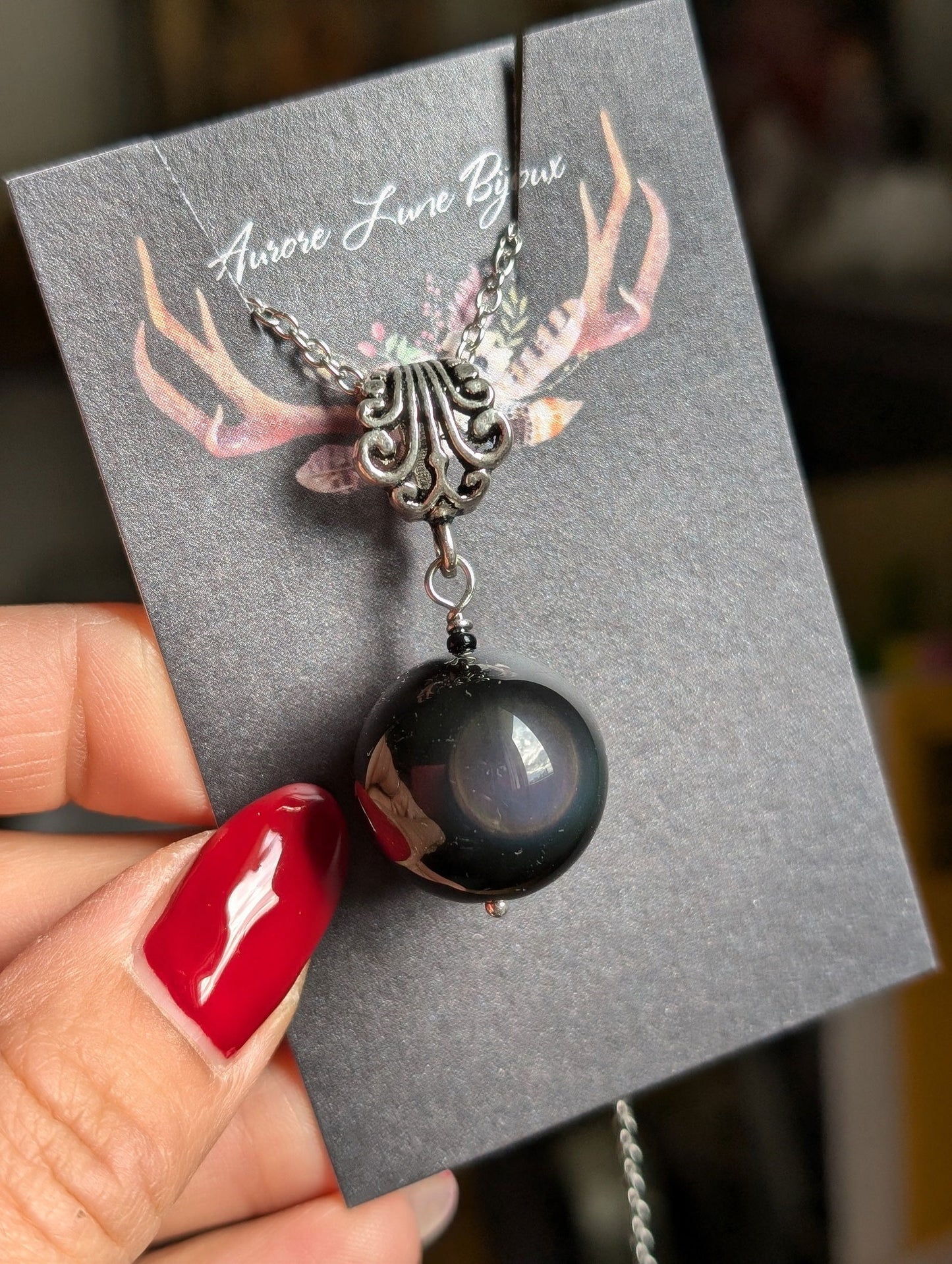 Collier avec obsidienne arc en ciel ou oeil céleste - Aurore Lune