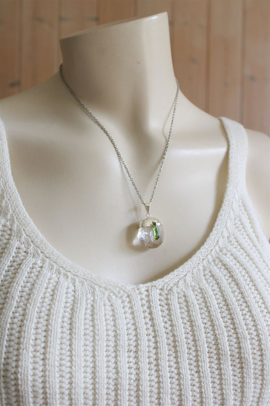 Collier cristal de roche et tourmaline verte avec chaîne - Aurore Lune