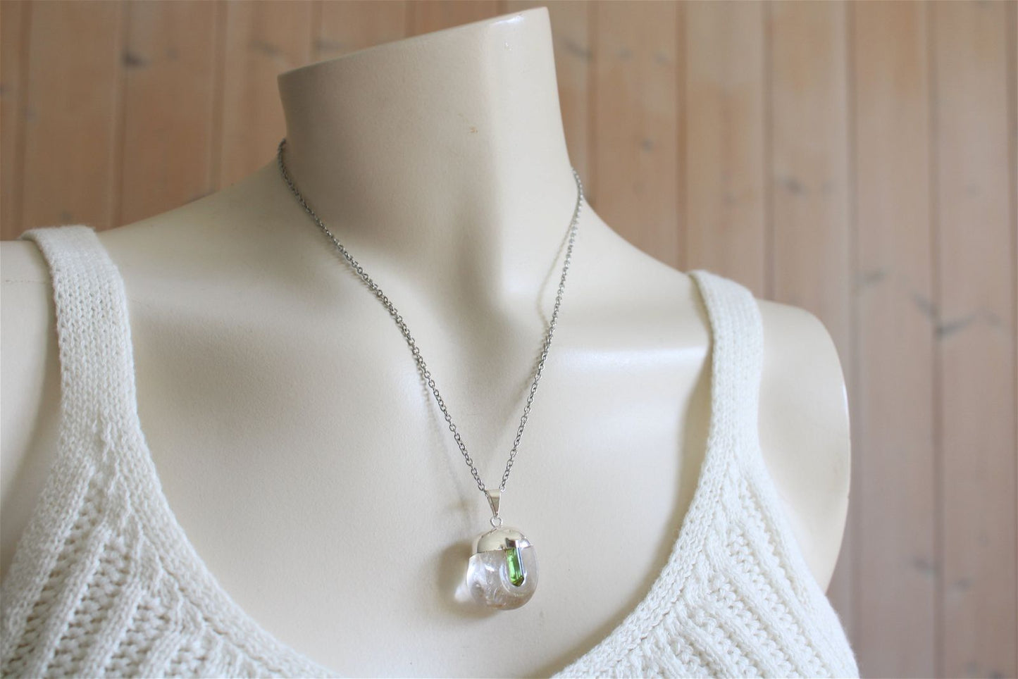 Collier cristal de roche et tourmaline verte avec chaîne - Aurore Lune