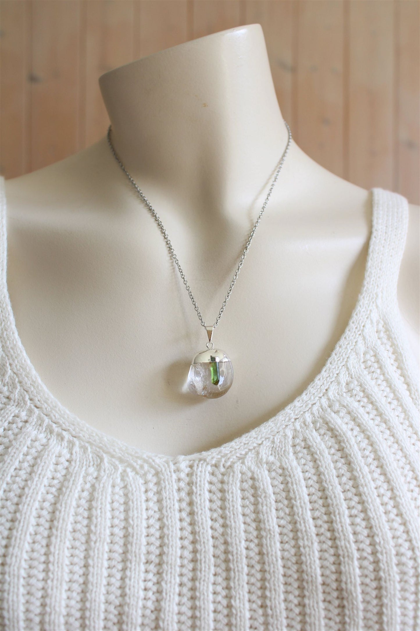 Collier cristal de roche et tourmaline verte avec chaîne - Aurore Lune