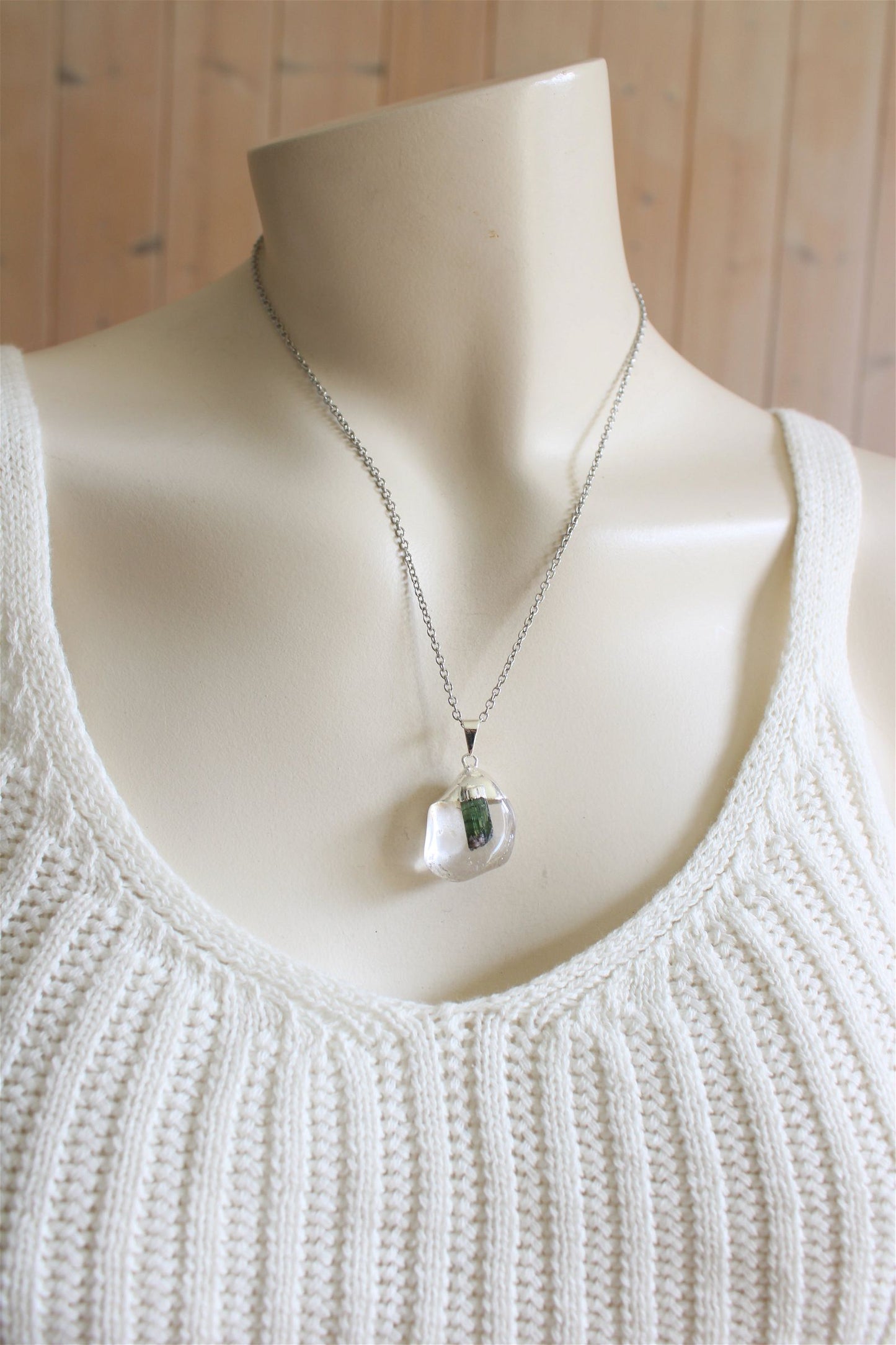 Collier cristal de roche et tourmaline verte avec chaîne - Aurore Lune