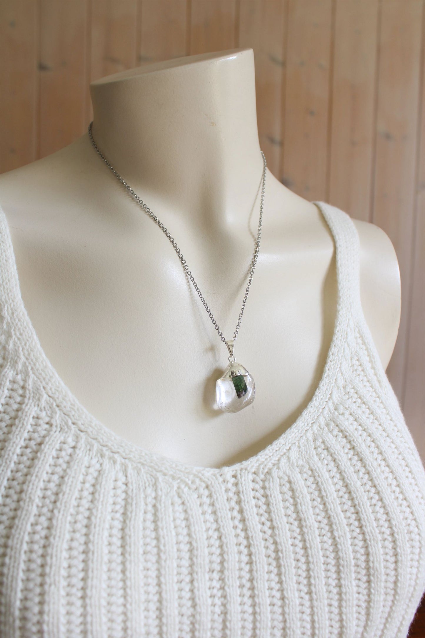 Collier cristal de roche et tourmaline verte avec chaîne - Aurore Lune