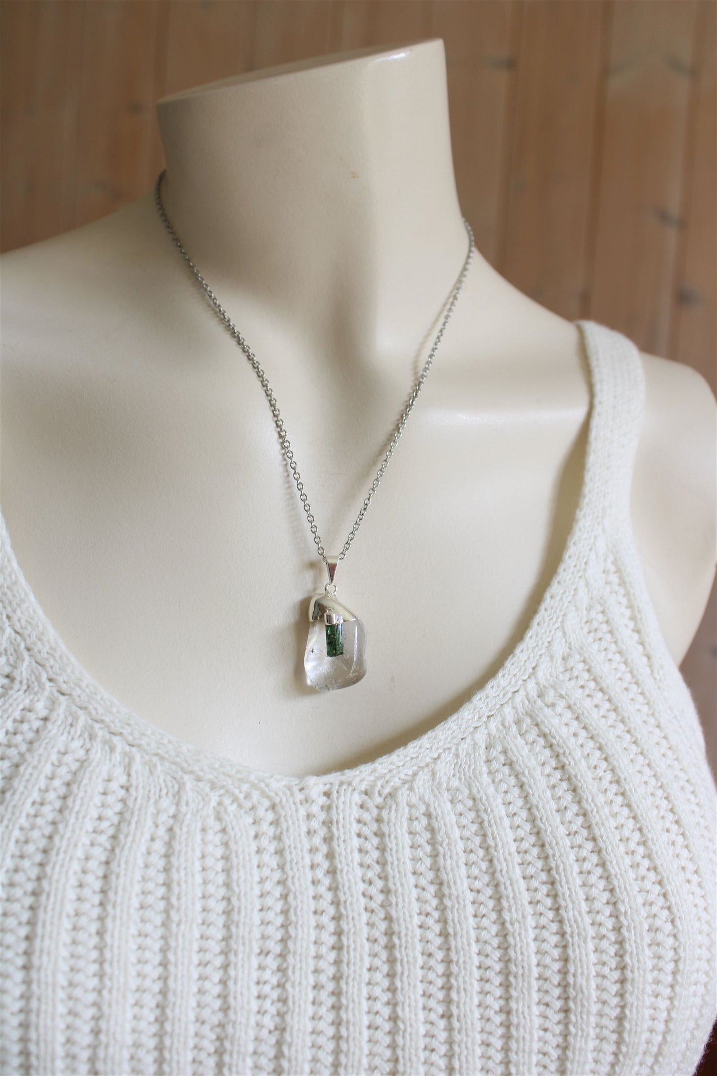 Collier cristal de roche et tourmaline verte avec chaîne - Aurore Lune