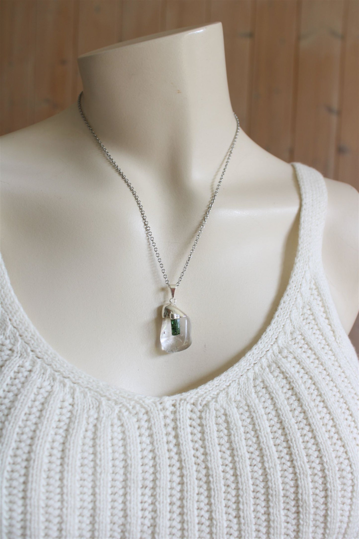 Collier cristal de roche et tourmaline verte avec chaîne - Aurore Lune