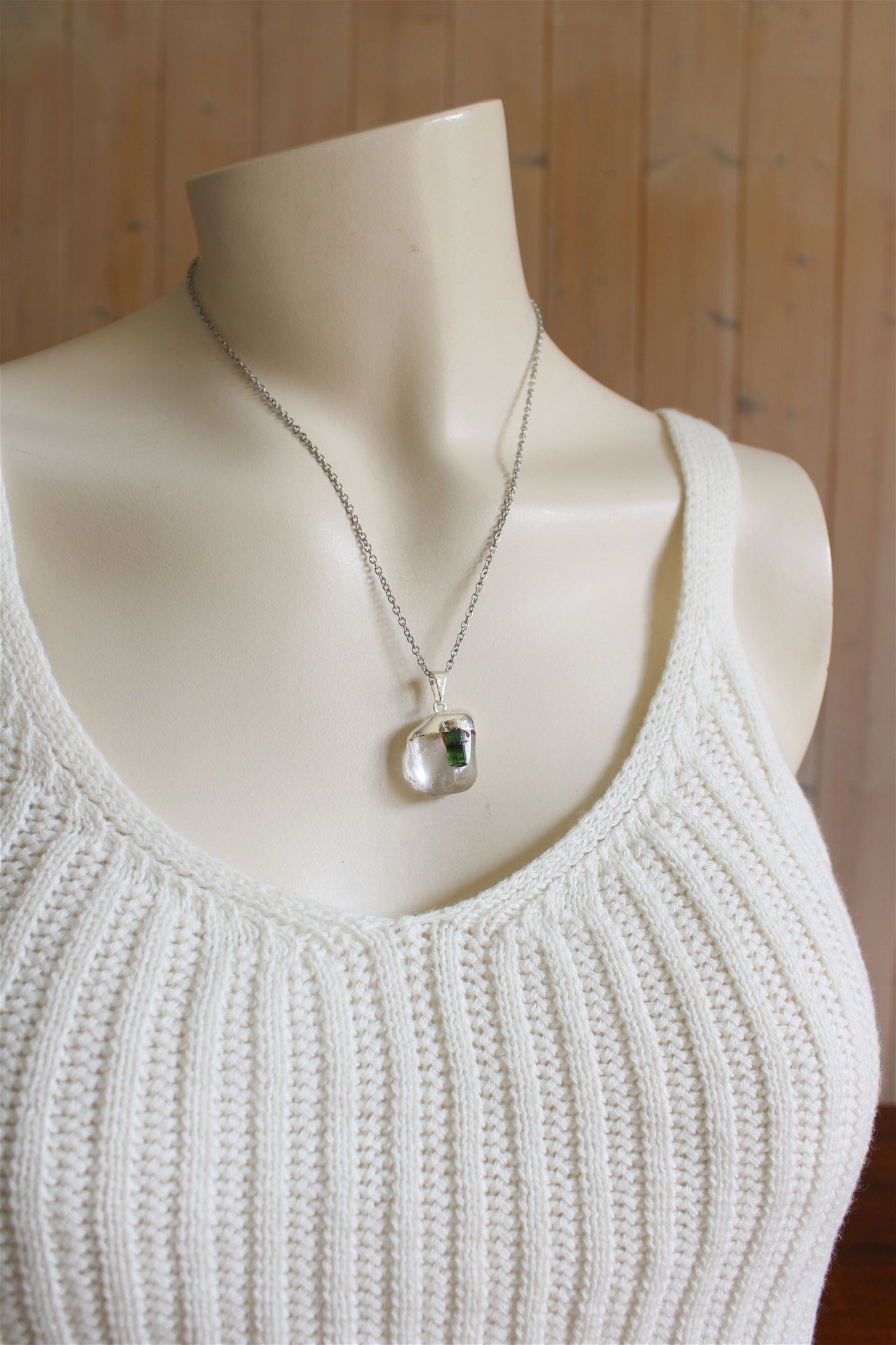 Collier cristal de roche et tourmaline verte avec chaîne - Aurore Lune