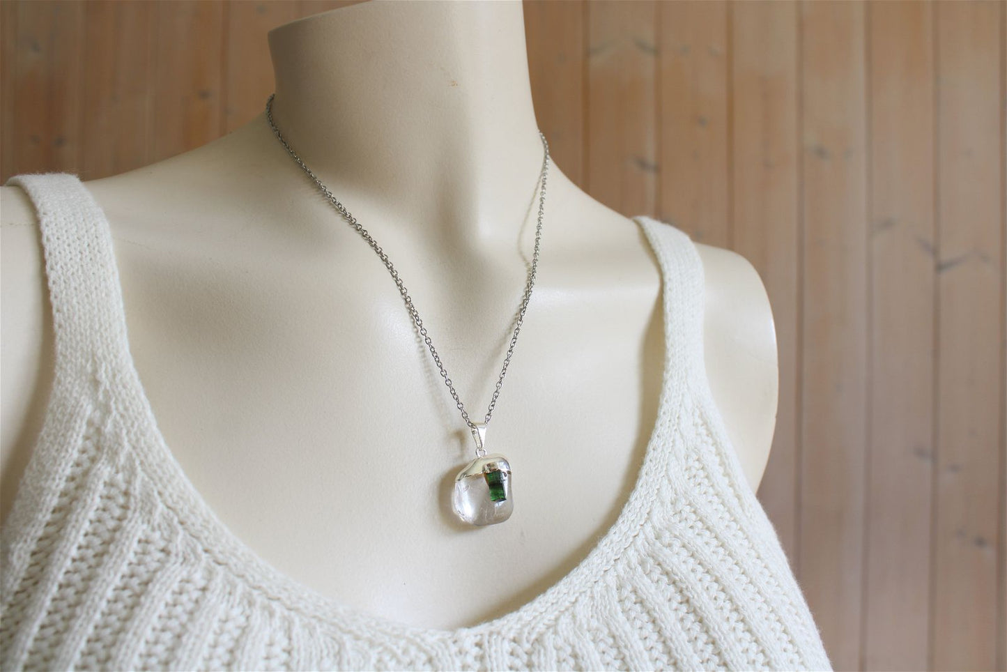 Collier cristal de roche et tourmaline verte avec chaîne - Aurore Lune