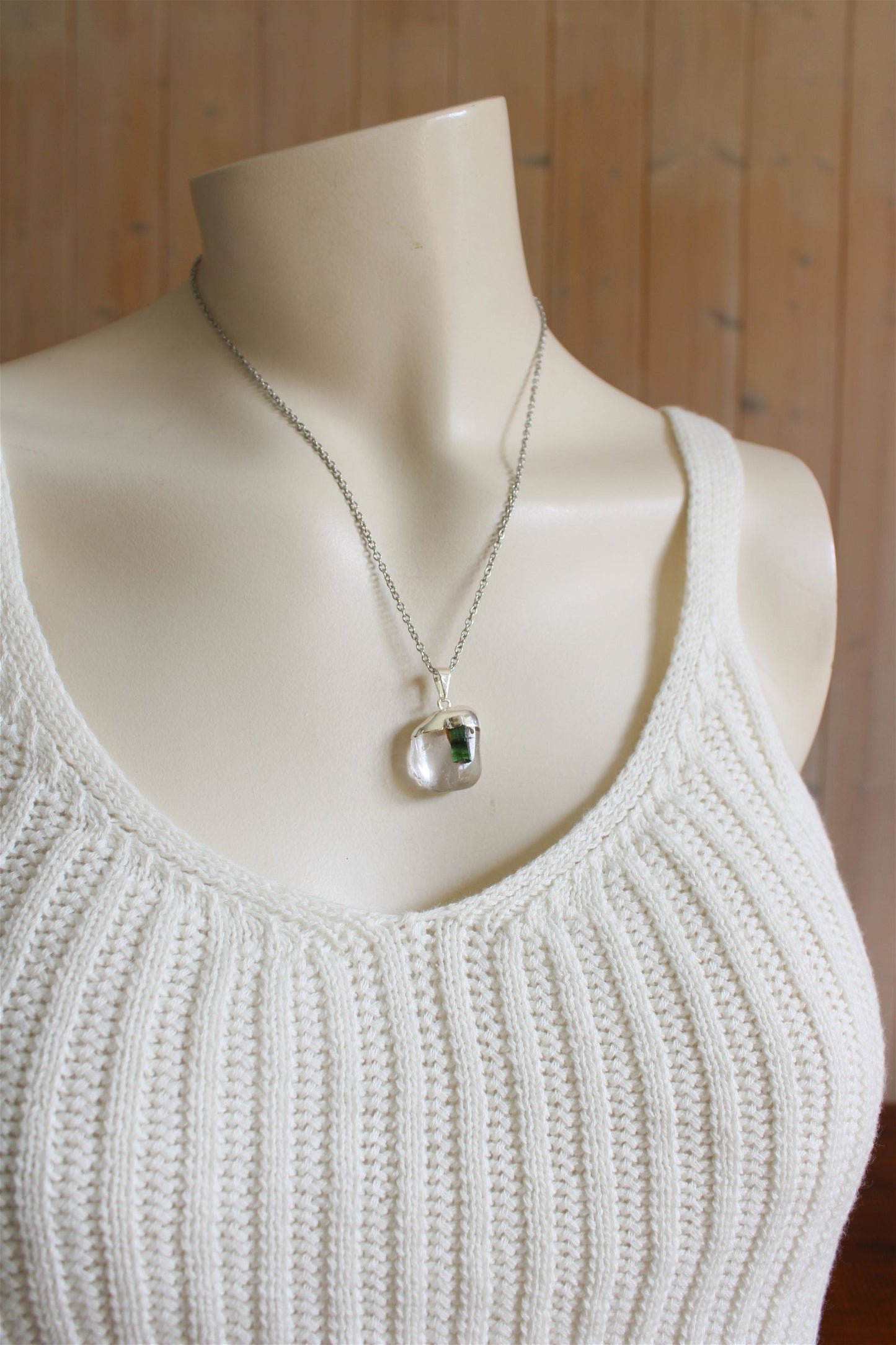 Collier cristal de roche et tourmaline verte avec chaîne - Aurore Lune