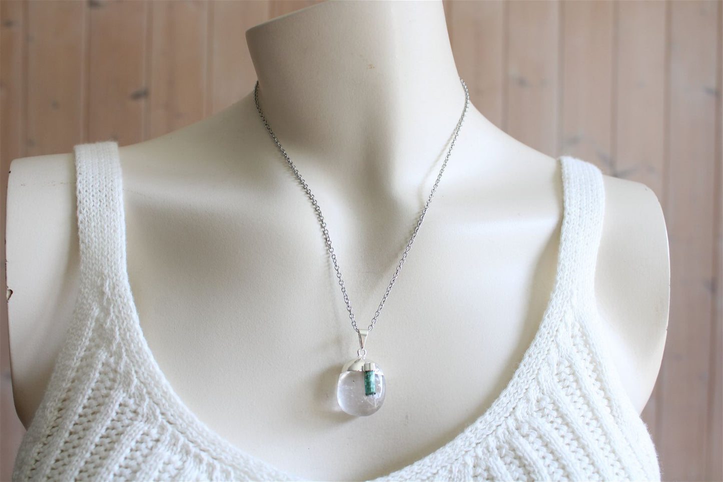 Collier cristal de roche et tourmaline verte avec chaîne - Aurore Lune
