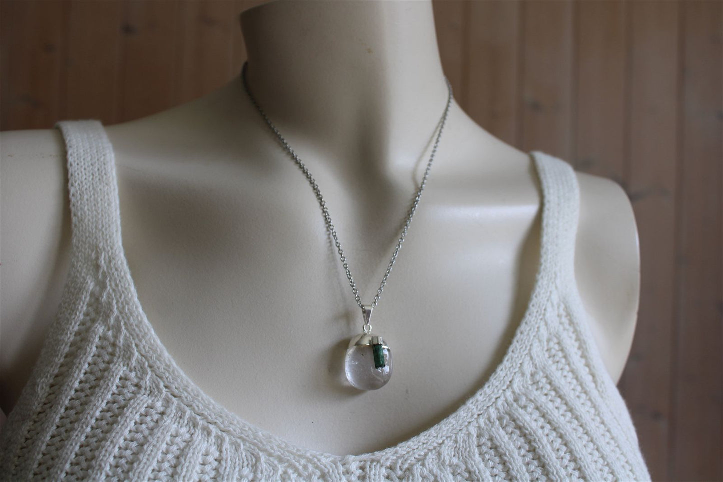 Collier cristal de roche et tourmaline verte avec chaîne - Aurore Lune