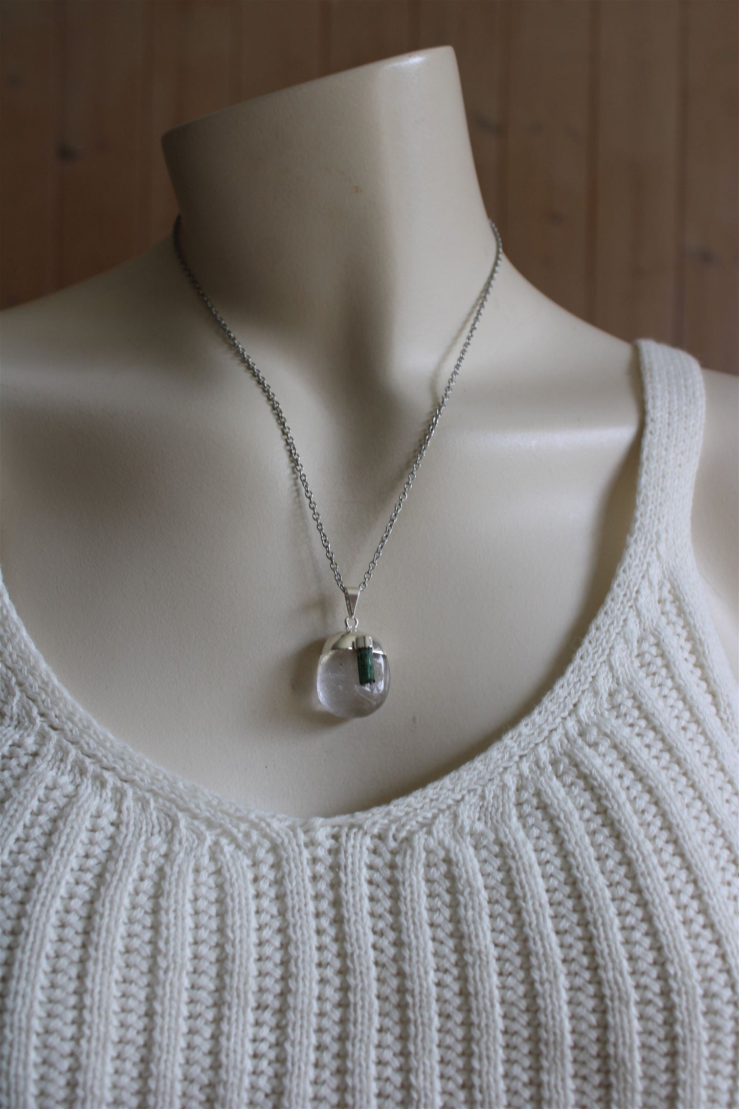 Collier cristal de roche et tourmaline verte avec chaîne - Aurore Lune