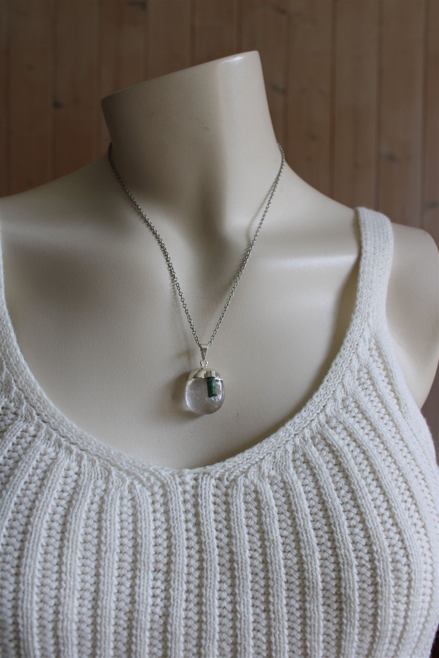 Collier cristal de roche et tourmaline verte avec chaîne - Aurore Lune