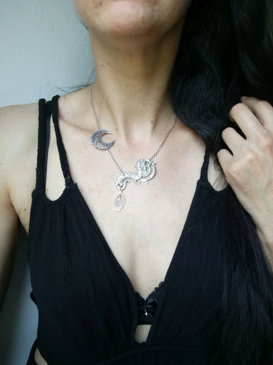 Collier labradorite blanche Lune et Dieu Pan - Aurore Lune