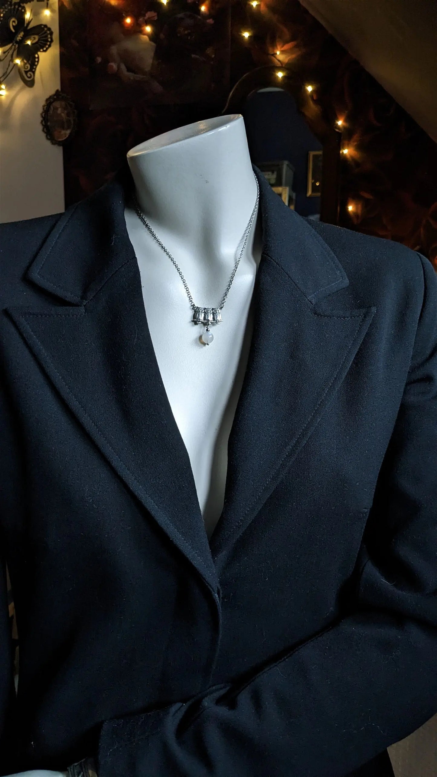 Collier labradorite blanche et chouettes - Aurore Lune
