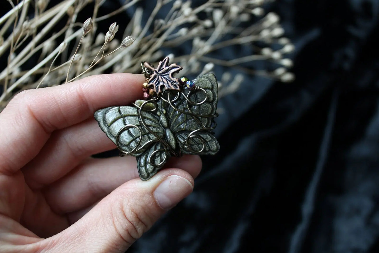 Collier papillon en obsidienne dorée - Aurore Lune